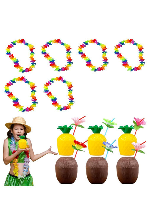 Tropikal Hawaii Parti Malzemeleri – Kolye, Pipet, Bardak Seti