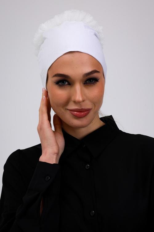 Fırfırlı Dikişsiz Penye Bone Ekru - Kadın Tesettür Bağlamalı Topuz İç Bone Kırık Beyaz