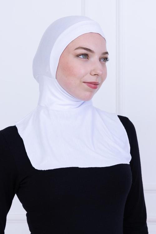 Beyaz Ninja Bone Boyunluklu Likralı Sporcu Bonesi Kadın Pratik Tesettür Hijab Başörtü