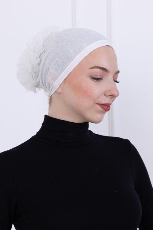 Fırfırlı Önden Dikişli Penye Bone - Kadın Tesettür Bağlamalı Topuz İç Bone-Beyaz