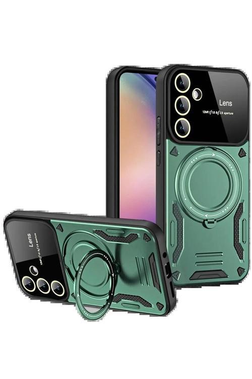Samsung Galaxy S24 FE Kılıf Joy Lens Standlı Kapak - Koyu Yeşil