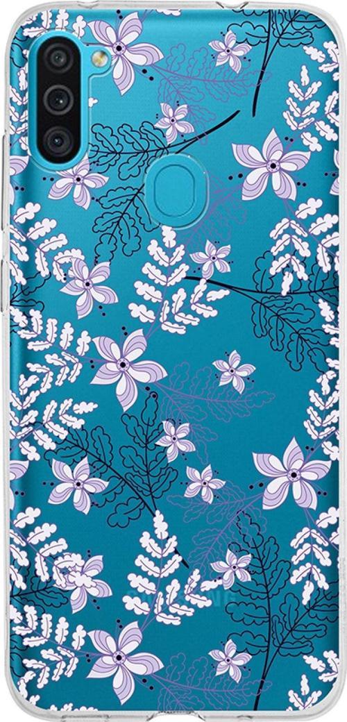 Samsung Galaxy M11 Kapak Floral Lila Tasarımlı Şeffaf Silikon Kılıf