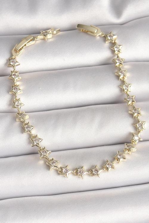 Pirinç Gold Renk Zirkon Taşlı Yıldız Model VIP Seri Kadın Bileklik