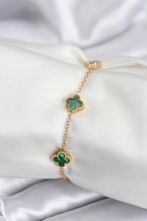 316L Çelik Gold Renk Yeşil Baby Boy Yonca Kadın Bileklik