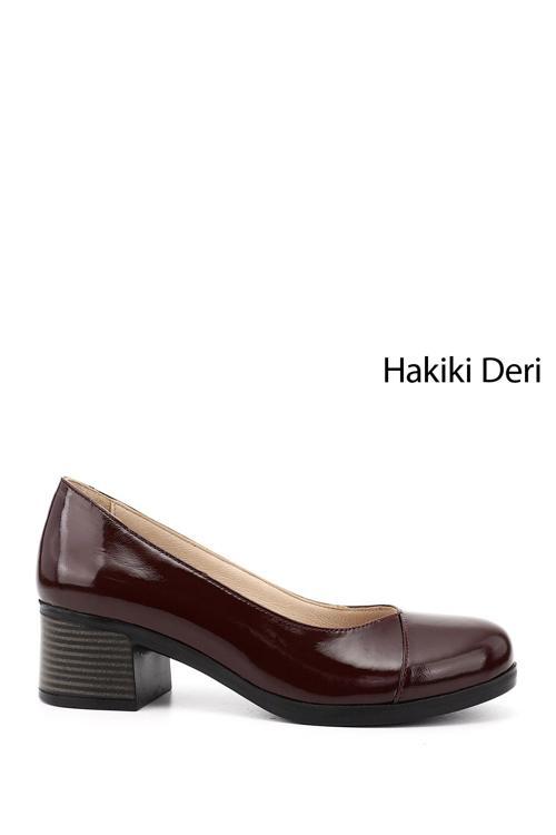 Kadın Bordo Rugan Kısa Kalın Topuklu Hakiki Deri Ayakkabı