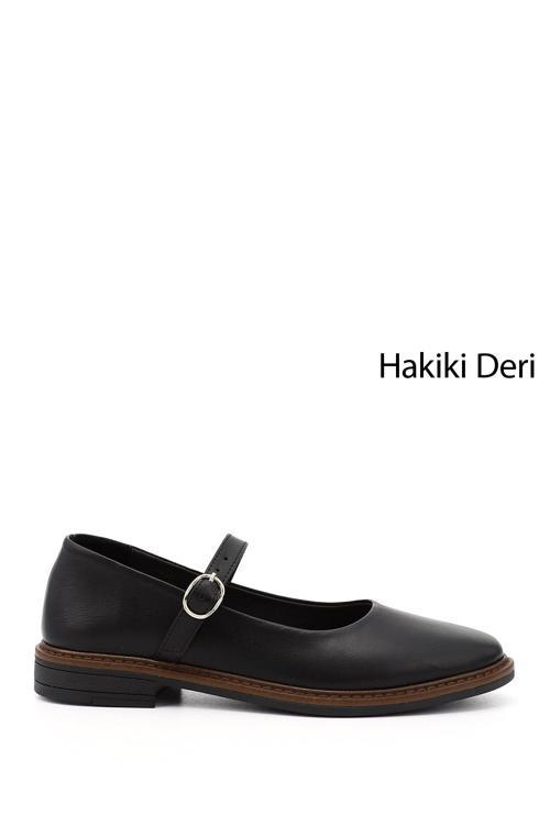 Kadın Siyah Kısa Kalın Topuklu Mary Jane Hakiki Deri Babet