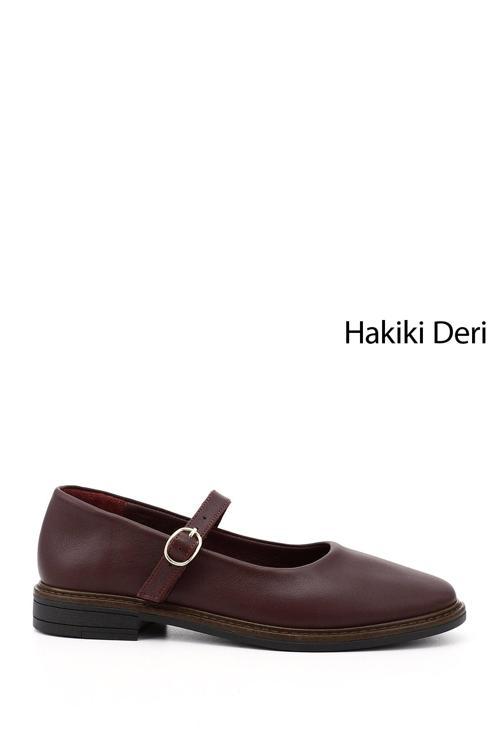 Kadın Bordo Kısa Kalın Topuklu Mary Jane Hakiki Deri Babet