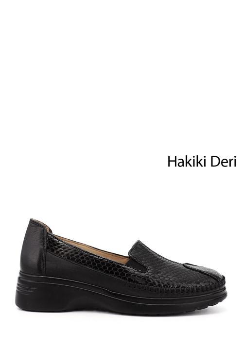 Kadın Siyah Krako Dolgu Taban Hakiki Deri Comfort Ayakkabı