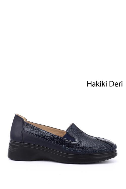 Kadın Lacivert Krako Dolgu Taban Hakiki Deri Comfort Ayakkabı