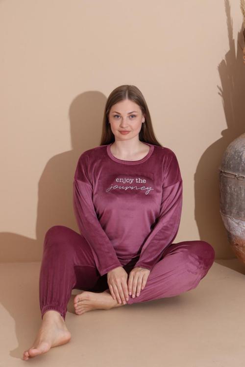 Kadın KIŞLIK Fransız Kadife Büyük Beden Bisiklet Yaka Uzun Kol Pijama Takımı 03147 - 1 Adet