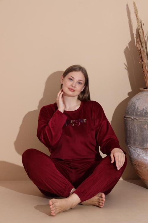 Kadın KIŞLIK Fransız Kadife Büyük Beden Bisiklet Yaka Uzun Kol Pijama Takımı 03148 - 1 Adet