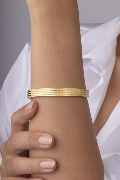 Şeritli Altın Kaplama Bilezik Model Kadın Çelik Kelepçe