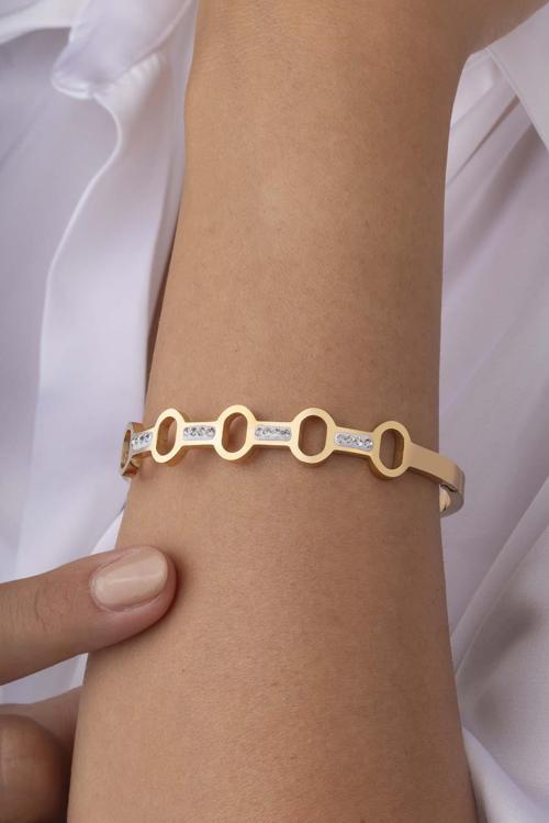 Oval Geçişli Altın Kaplama Çelik Kadın Kelepçe Bileklik