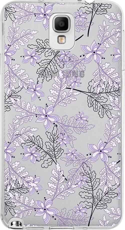 Samsung Galaxy Note 3 Kapak Floral Lila Tasarımlı Şeffaf Silikon Kılıf