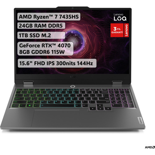 LOQ AMD Ryzen 7 7435HS 24GB 1TB SSD RTX4070 Freedos 15.6" FHD Taşınabilir Bilgisayar 83JC00F6TR