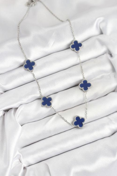 Zarif Kadın için Silver Çelik Lacivert Yonca Zincir Kolye