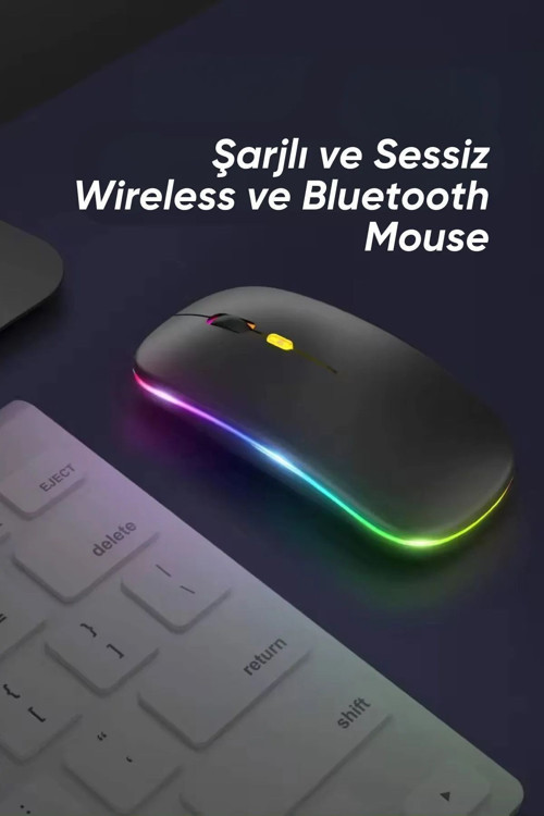 Siyah Kablosuz Wireless 2.4G Bluetooth Sessiz Mouse Şarj Edilebilir Rgb Renkli Ergonomik Tasarımlı