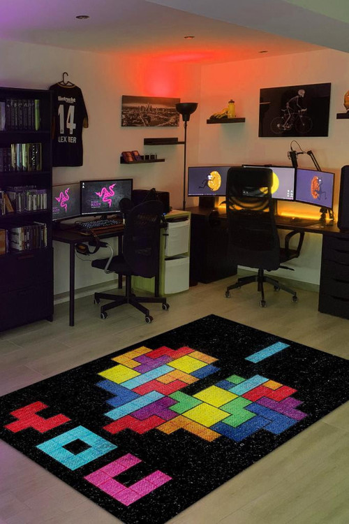 Seni Seviyorum Çok Renkli Oyuncu Halısı Zemini Siyah Renk Gamer Temalı Halı Tetris Halısı