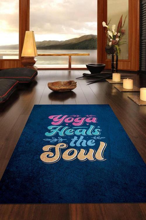 Yoga İyi Eder Lacivert Halı Renkli Meditasyon Halısı Özel Tasarım Neon Halı Hediyelik Halı