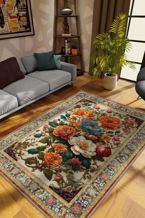Art Deco Renkli Çiçekler Vintage Halı Görünümlü Dijital Renkli Halı,Rustik Çiçekli Halı