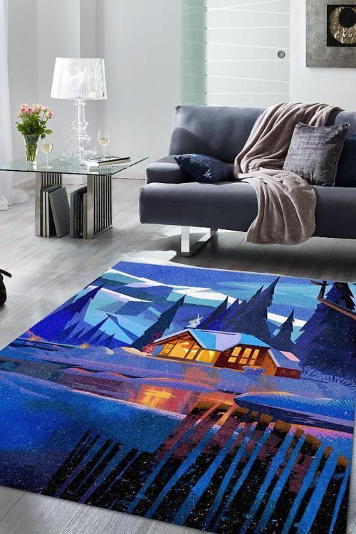 Sıcak Yuva Çok Renkli Halı Manzara Temalı Figürlü Salon Halısı Dijital Baskılı Tasarım Halı