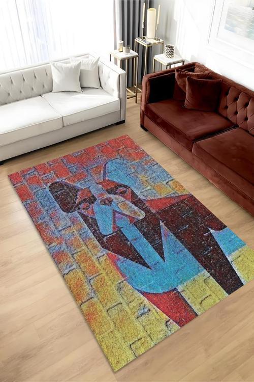Renkli Köpek Geometrik Desenli Gölgeli Genç Odası Halısı Geometrilk Hayvan Sever Halısı