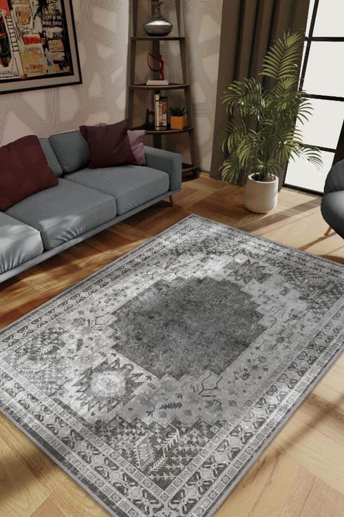 Alanı Temiz Tut Gri Renkli Salon Halısı Etnik Desenli Dekoratif Otruma Odası Halısı