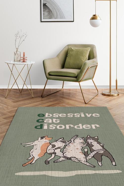 Opsesif Kedi Bozukluğu Yeşil Renkli Salon Halısı Minimal Oturma Odası Halısı Kedili Halı
