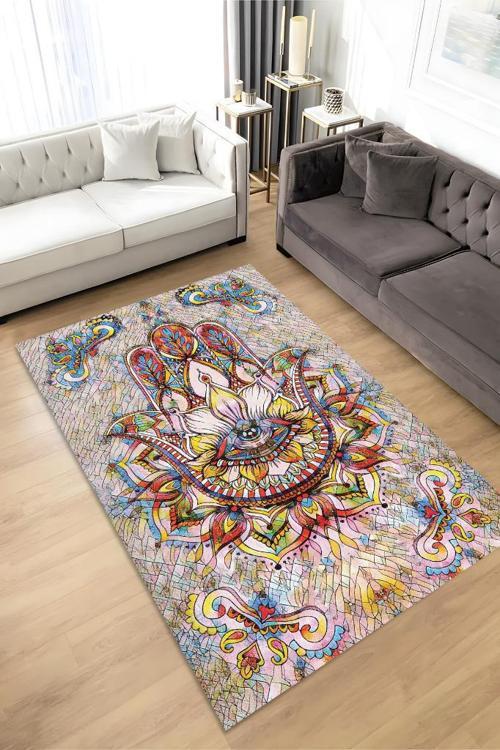 Fatmanın Eli Minimal Salon Halısı Etnik Desenli Halı Çok Renkli Oturma Odası Halısı