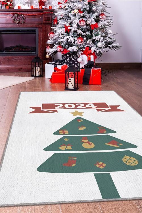 Hoş Geldin Yeni Yıl Beyaz Renkli Yeni Yıl Parti Halısı Sade Yılbaşı Temalı Hediyelik Halı