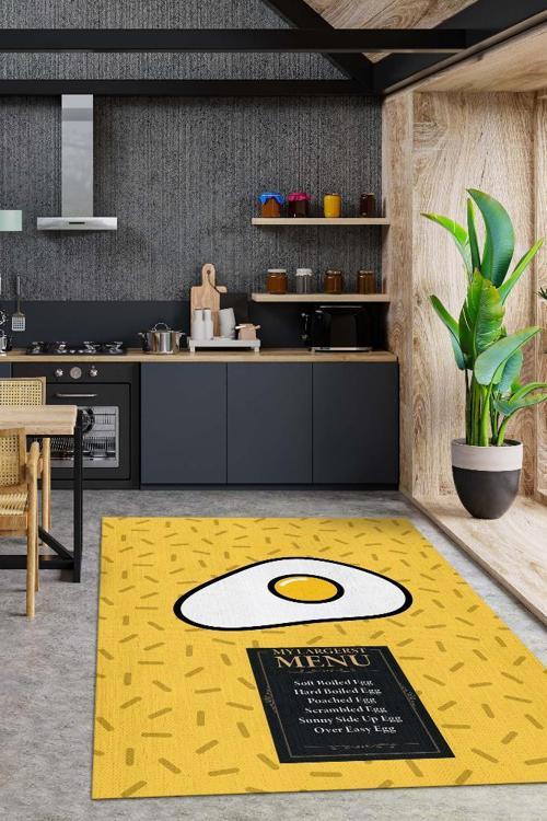 En Geniş Menü Sarı Renkli Mutfak Halısı Yumurta Mutfak Temalı Minimal Tasarım Mutfak Halısı