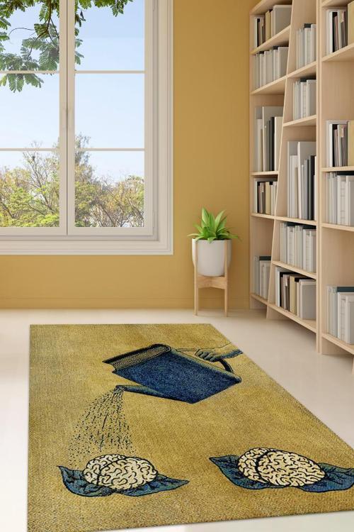 Zihnini Besle Sarı Renkli Kitap Sever Halısı Okuma Sever Çalışma Odası Halısı
