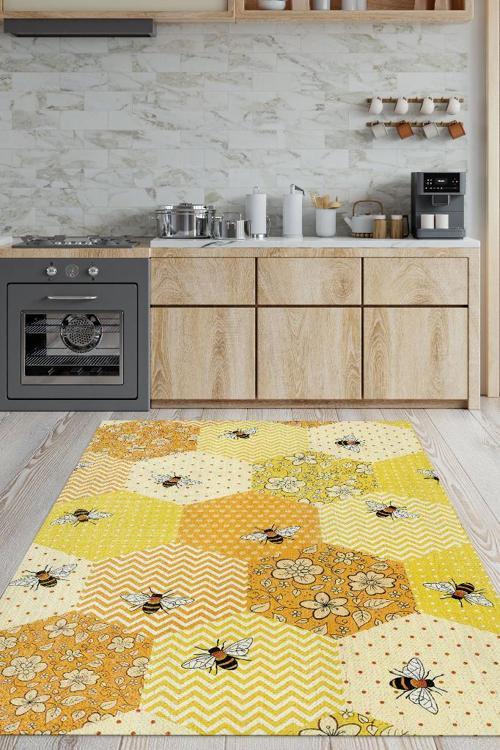 Petek Tonları Dokuma Tabanlı Yıkanabilir Sarı Renk Halı Hayvan Baskılı Renkli Mutfak Halısı