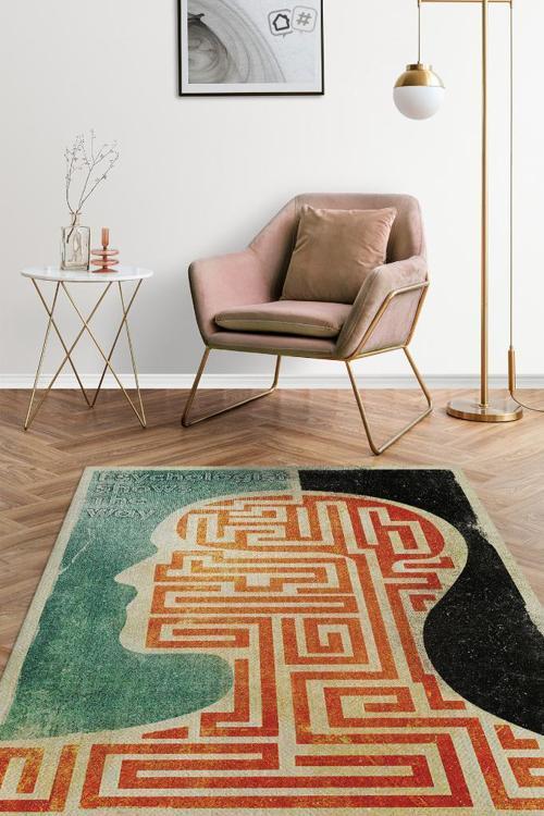 Psikolog Yolu Gösterir Pamuklu Dokuma Tabanlı Yıkanabilir Kaymaz Dekoratif Halı