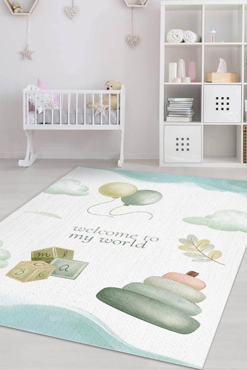 Dünyama Hoşgeldin Pastel Renkli Çocuk Odası Halısı Dokuma Minimal Çocuk Halısı Temalı Halı