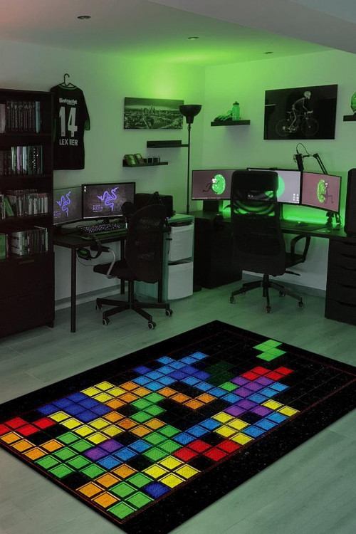 Tetris Çok Renkli Oyuncu Halısı Zemini Beyaz Renk Gamer Temalı Halı Oyuncuya Hediye