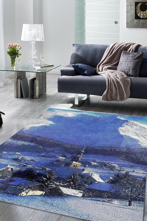 Beyaz Kasaba Mavi Renkli Halı Manzara Temalı Salon Halısı Dijital Baskılı Tasarım Halı