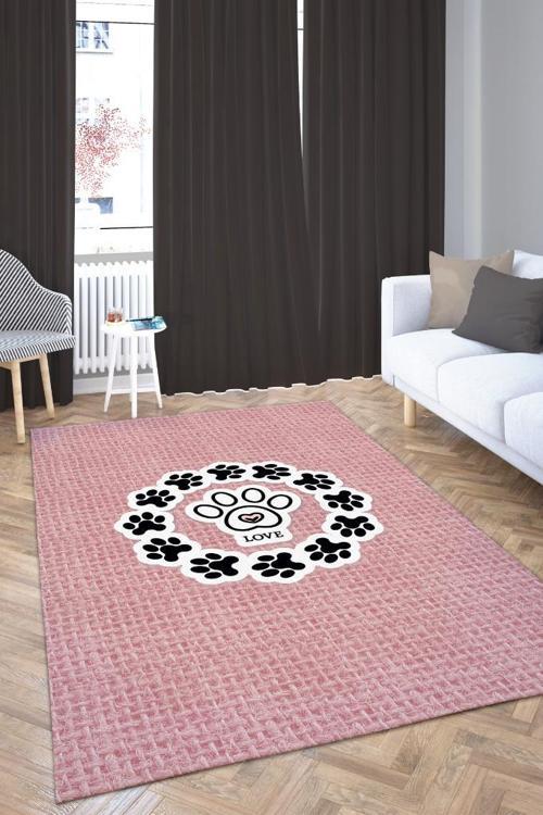 Pati Aşkı Pamuklu Tabanlı Pembe Renkli Halı Özel Tasarım Köpek Sever Halısı Renkli Halı