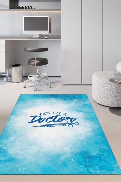 Mavi Beyaz Gölgeli Muayenehane Halısı 18 Mart Tıp Bayramı Hediyesi Dekoratif Klinik Halısı