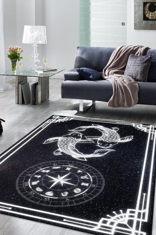 Balık Burcu Astroloji Temalı Halı Burç Halısı Balık Burcuna Hediyelik Halı Siyah Renk Halı