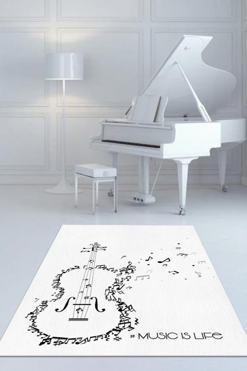 Müzik Hayattır Art Müzik Halısı Beyaz Renkli Müzik Halısı Gitar Figürlü Beyaz Modern Halı
