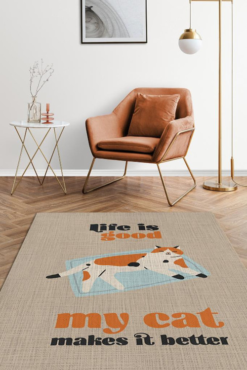 Hayat Kedimle Güzel Bej Turuncu Halı Kedi Figürlü Salon Halısı Modern Genç Odası Halısı