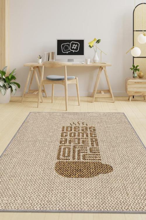 Krem Bej Doku Görünümlü Halı Düz Renk Halı Yıkanabilir Ofis Halısı Home Office Halı