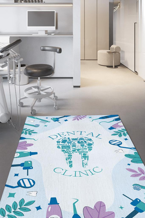 Diş Kliniği Mavi Beyaz Renkli Halı Diş Doktoru Ofis Halısı Doktora Hediye Halı Tasarım Halı