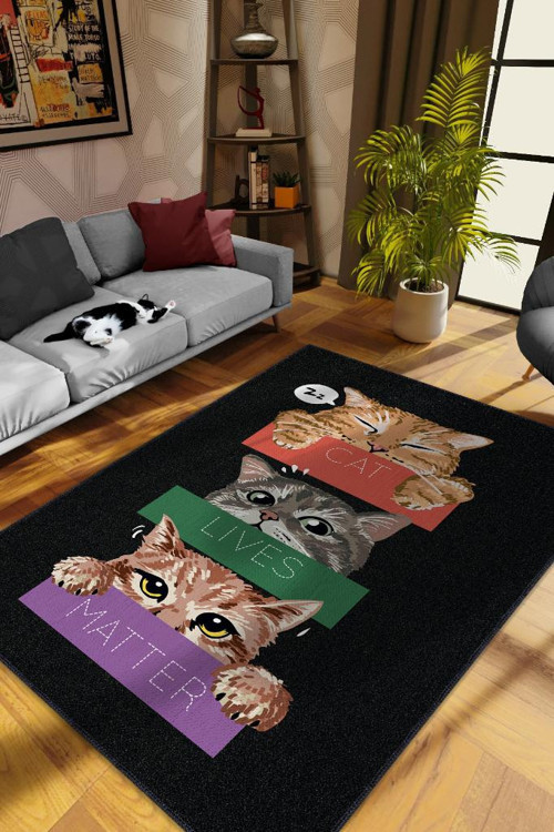 Kediler Önemlidir Koyu Renkli Halı Modern Genç Halısı Renkli Salon Halısı Kedi Sever Halısı