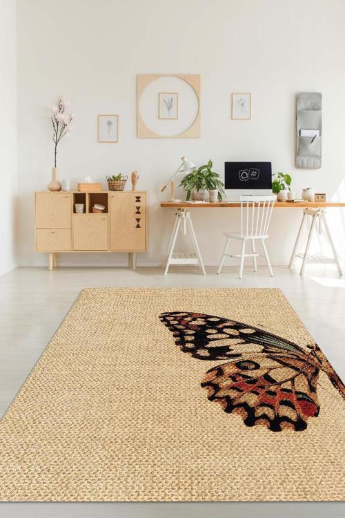 Kelebek Kanadı Dokuma Tabanlı Bej Renkli Sade Halı Hayvan Baskı Düz Renkli Mutfak Halısı