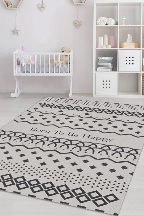 Mutlu Olmak İçin Doğdu Gri Renkli Çocuk Odası Halısı Minimal Çocuk Halıs Geometrik Halı