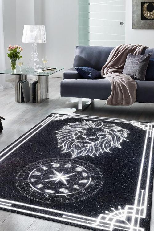 Aslan Burcu Astroloji Temalı Halı Burç Halısı Aslan Burcuna Hediyelik Halı Siyah Renk Halı