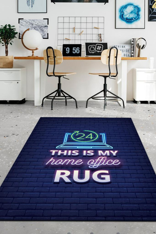 lacivert Home Office Halısı Pamuk Tabanlı Neon Yazılı Ofis Halısı Home Office Halısı