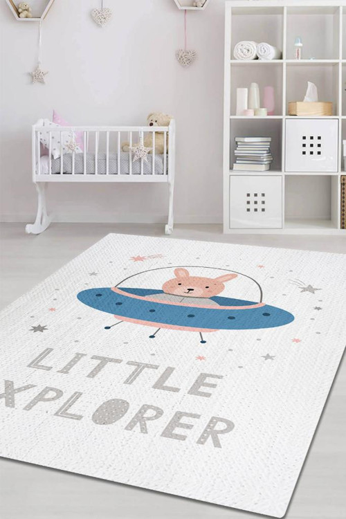 Minik Kaşif Beyaz Renkli Çocuk Odası Halısı Minimal Çocuk Halısı Bebek Temalı Halı
